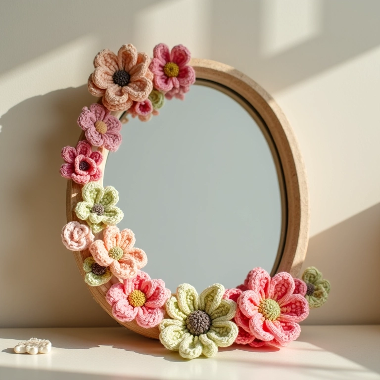 Espelho decorativo com flores de crochê em garrafa de vidro.