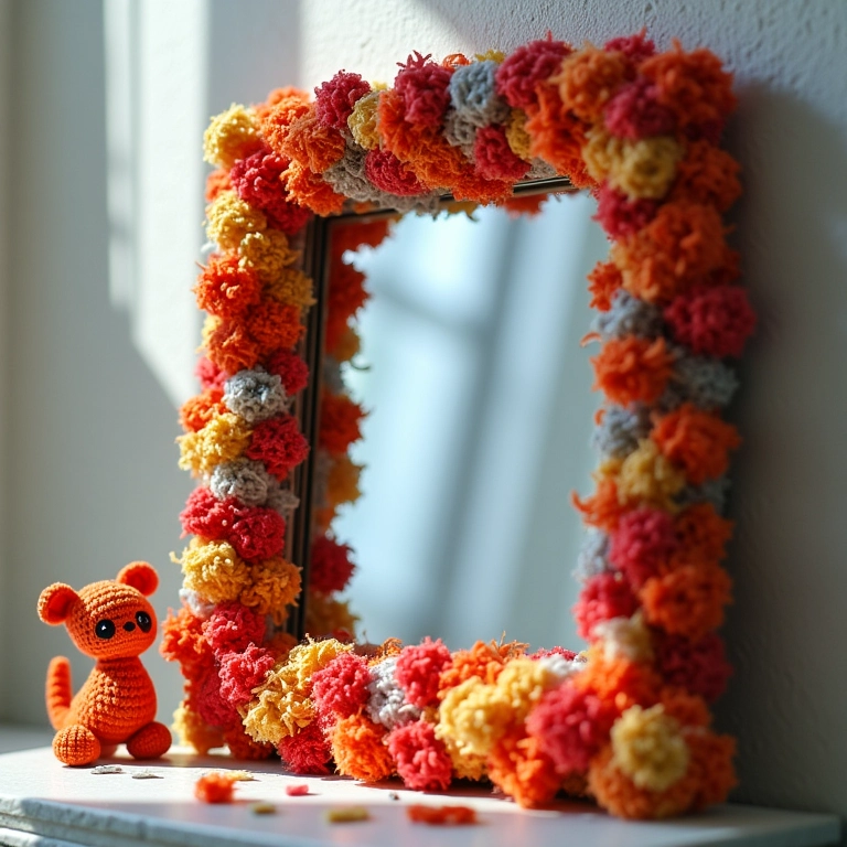 Espelho personalizado de amigurumi com moldura decorada com pedaços de CDs de crochê.