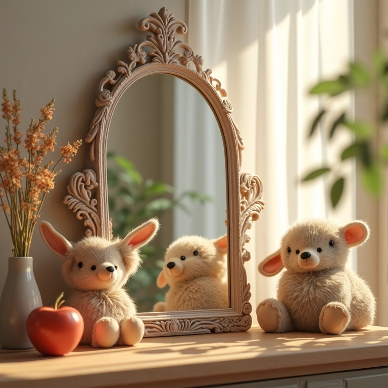 Espelhos decorados com flores secas e detalhes em amigurumi.