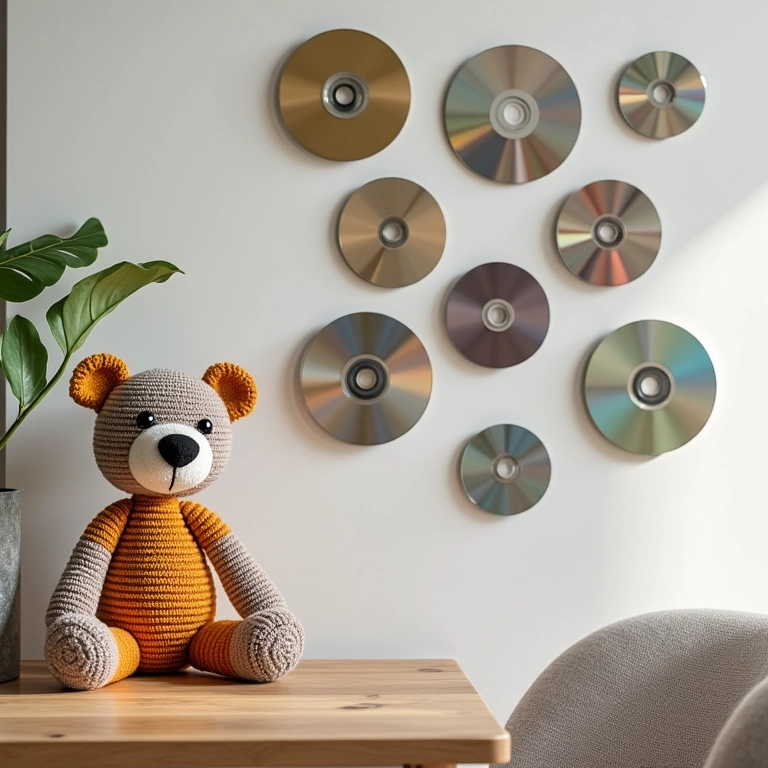 Espelhos decorativos com amigurumi e CD reciclado.