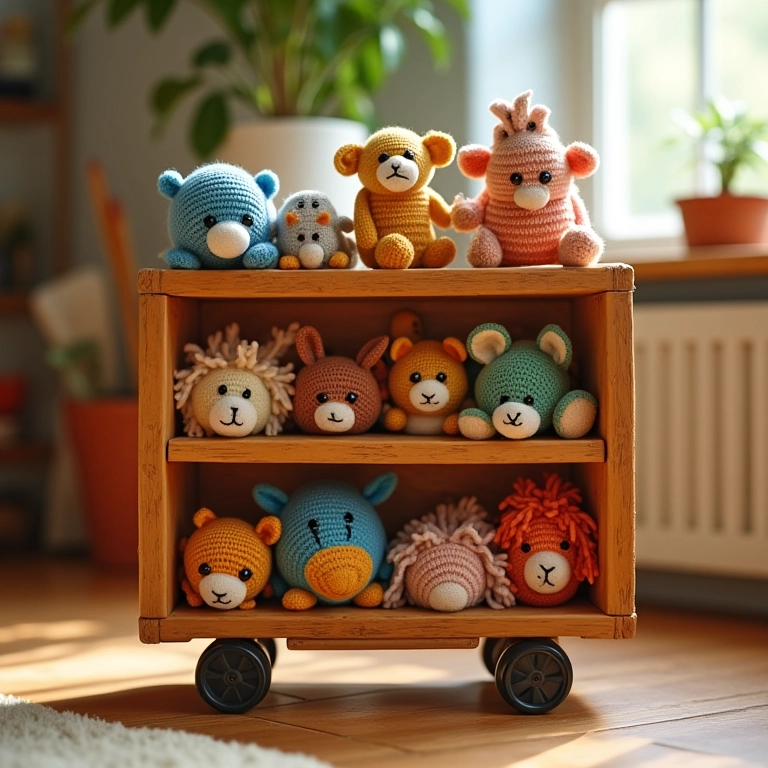 Estante de caixote com rodinhas para brinquedos em amigurumi.