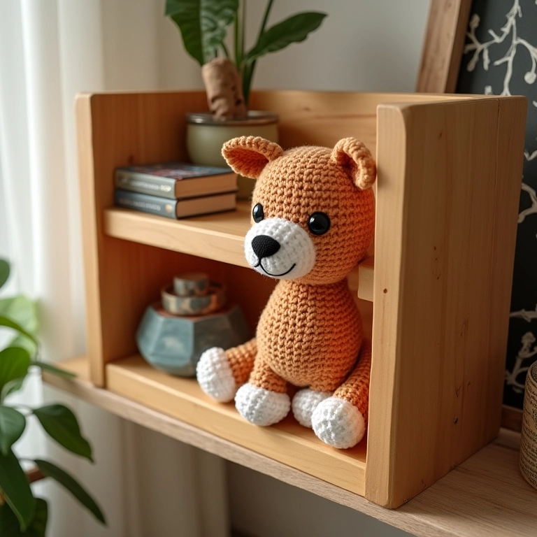 Estante de caixote como divisória de ambientes em amigurumi.