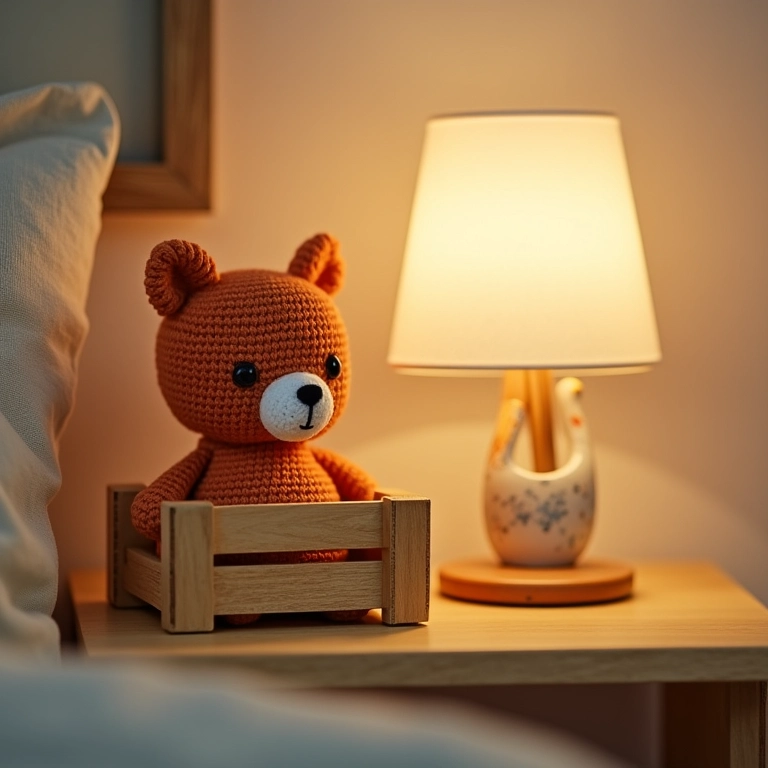 Estante de caixote como mesa de cabeceira em amigurumi.