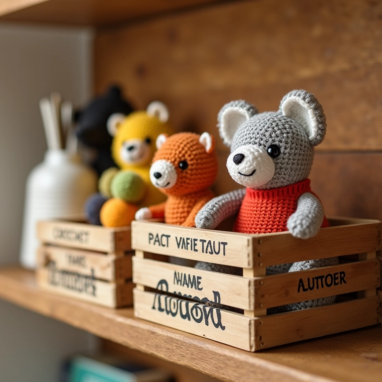 Estante de caixote em amigurumi com ferramentas.