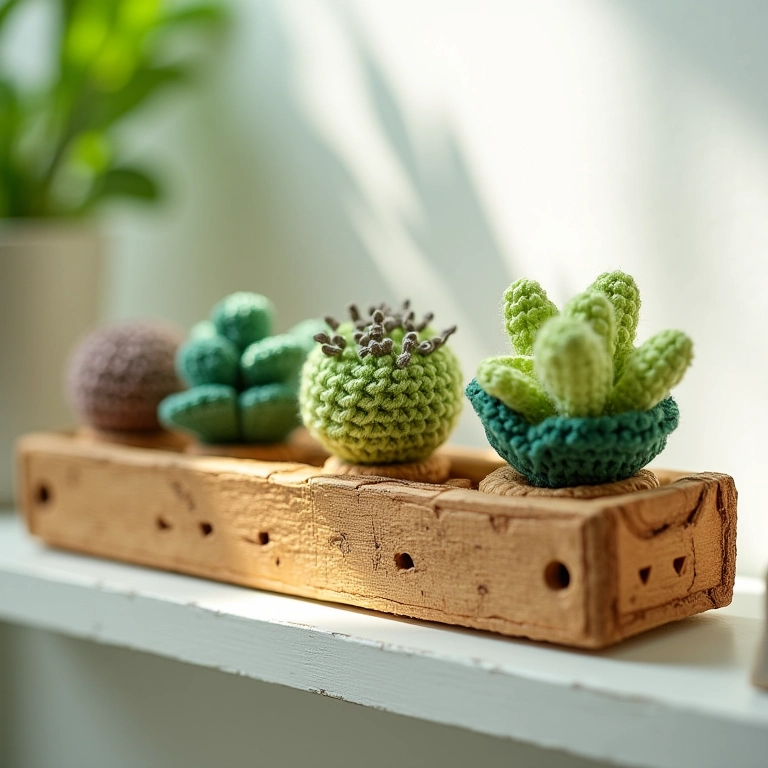 Estante de caixote horizontal para plantas em amigurumi.