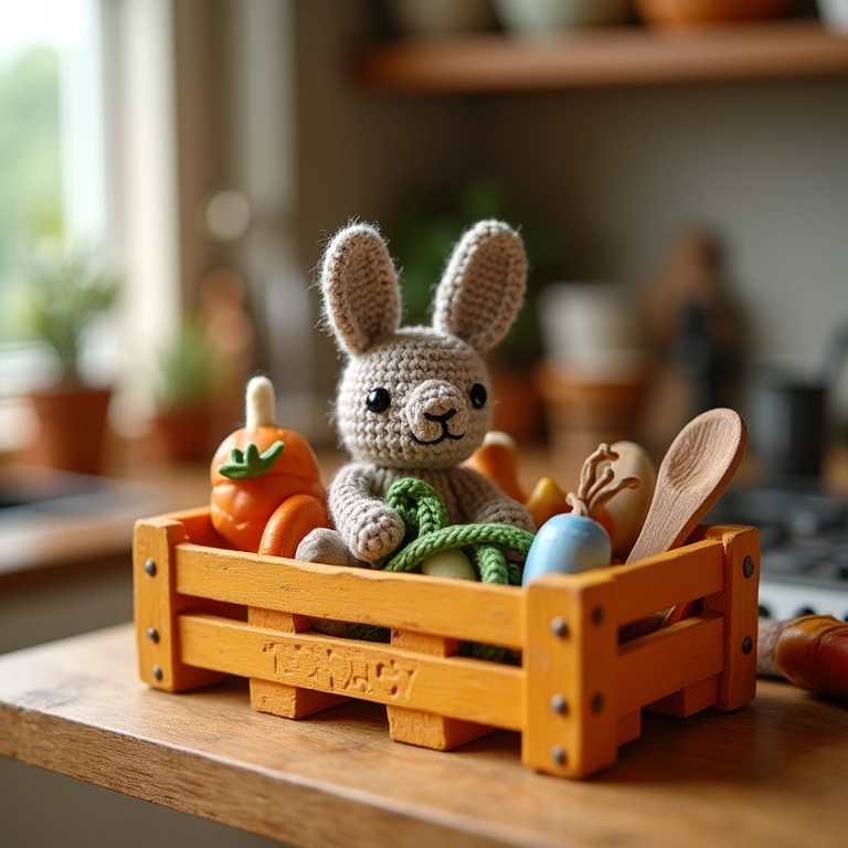 Estante de caixote para a cozinha em amigurumi.