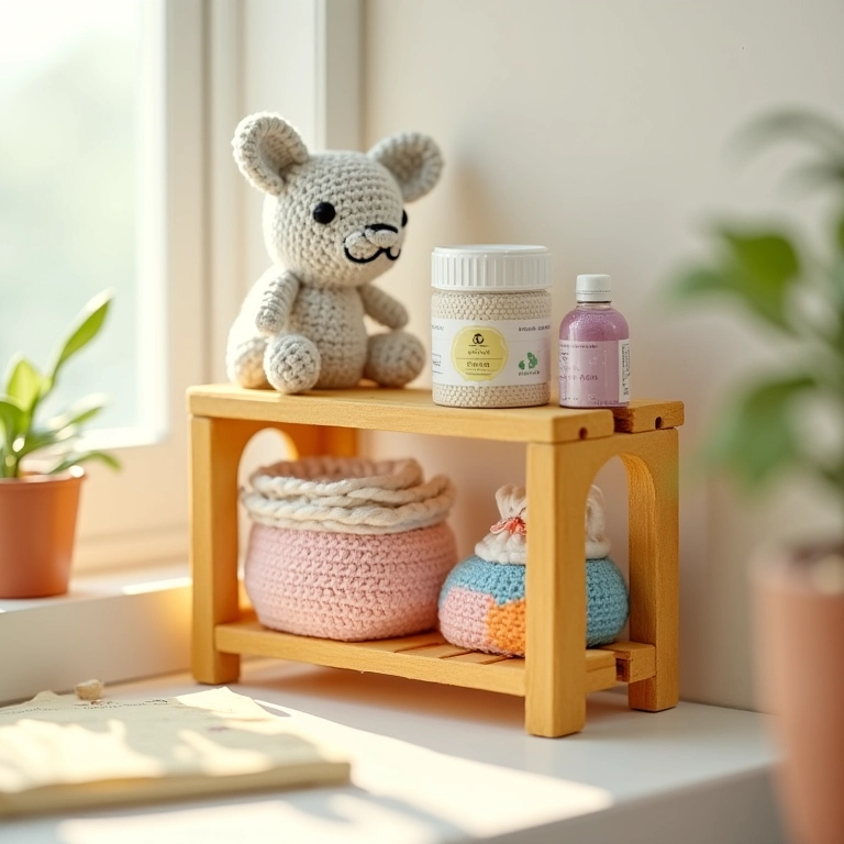 Estante de caixote para a lavanderia em amigurumi.