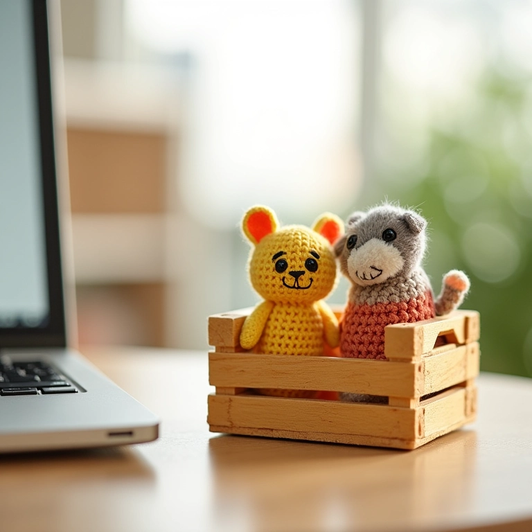 Estante de caixote para escritório em amigurumi.