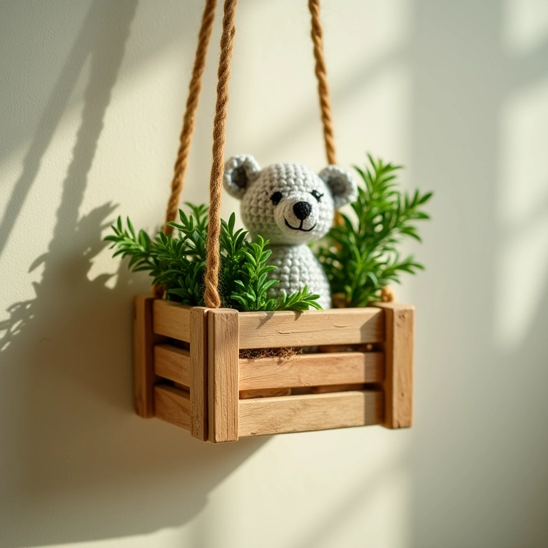 Estante de caixote suspensa no teto em amigurumi.