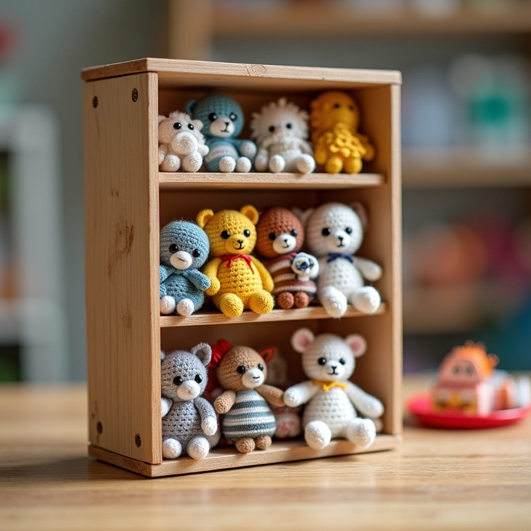 Estante de caixote vertical para livros em amigurumi.