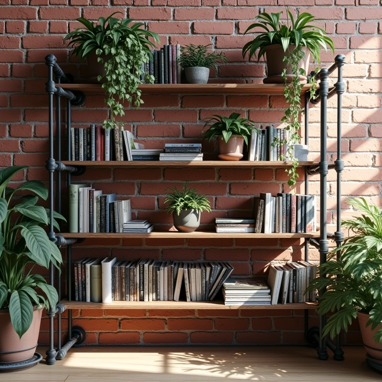 Estante de canos DIY contra parede de tijolos, com livros e plantas.