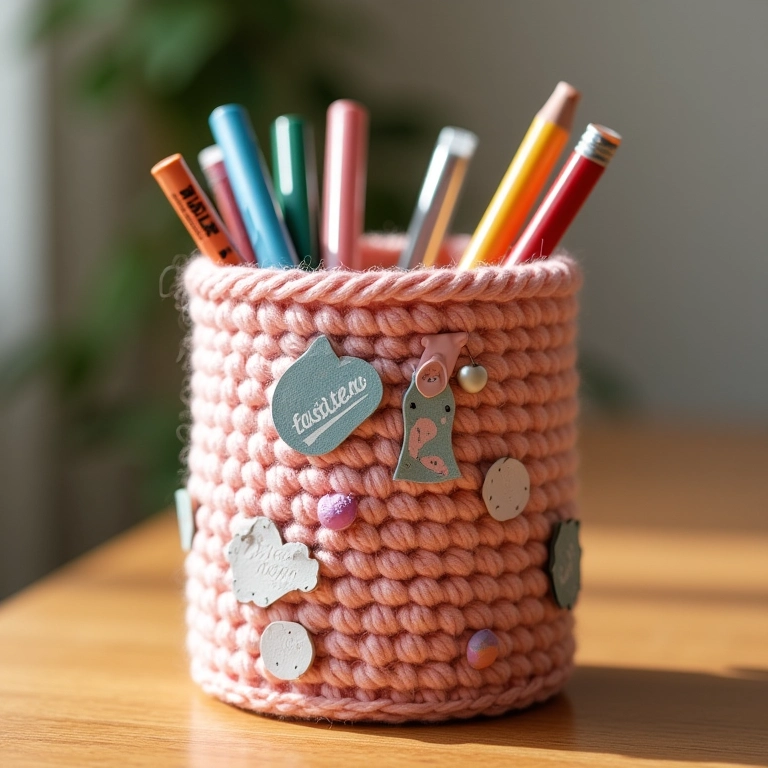 Estojo de lata decorado com crochê, adesivos e washi tapes, um toque personalizado e divertido.