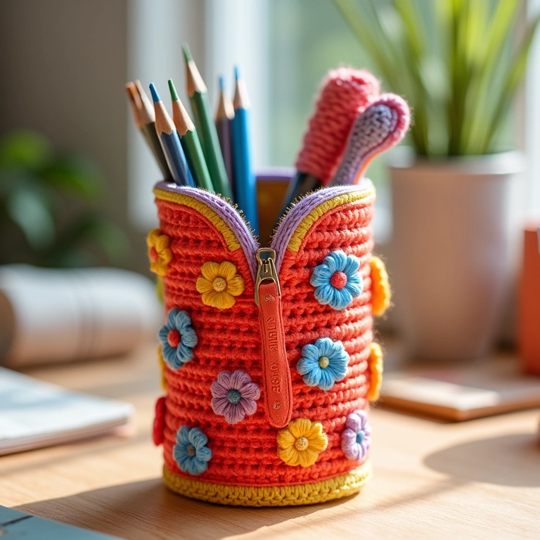 Estojo de lata decorado com crochê e barbante colorido, alegre e vibrante.