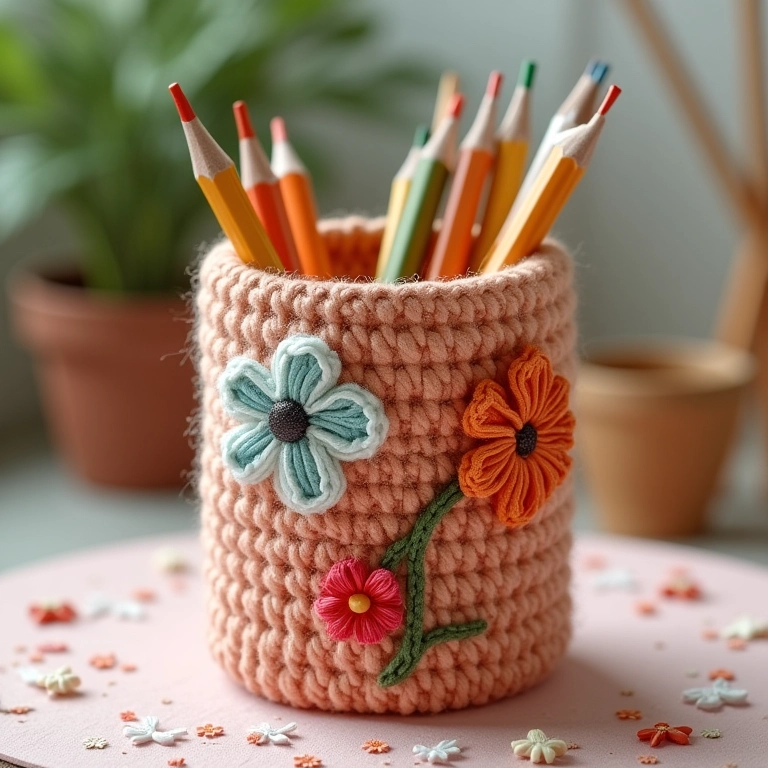 Estojo de lata decorado com crochê e tecido floral, um toque delicado e artesanal.