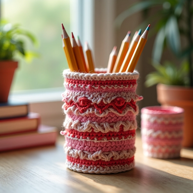 Estojo de lata decorado com crochê, fitas e rendas, um toque delicado e romântico.