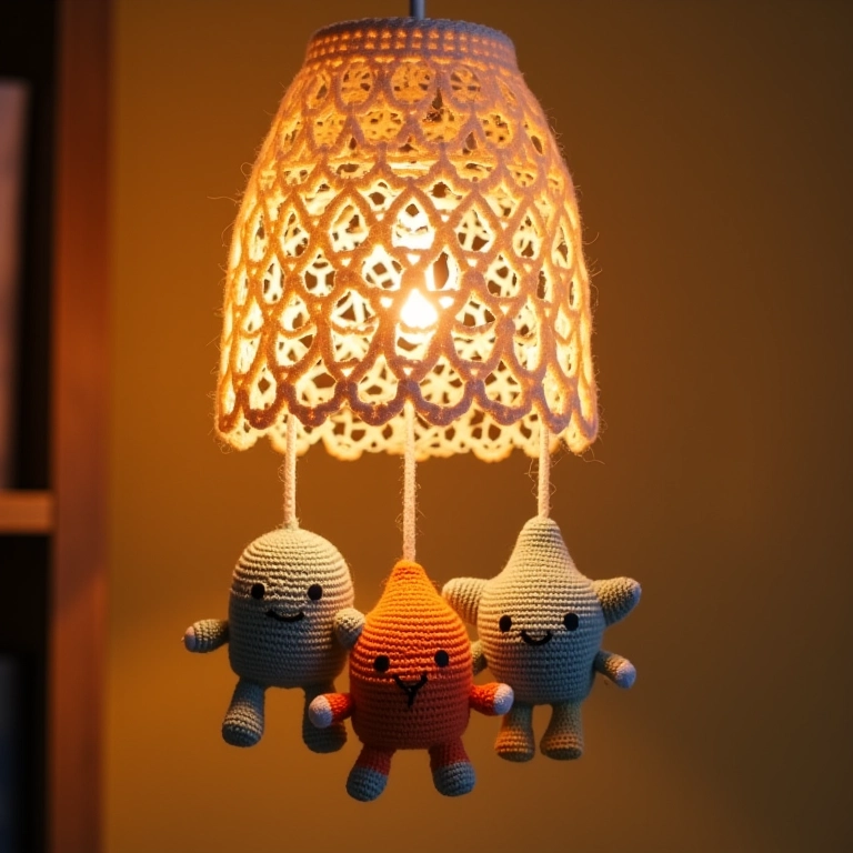 Estrelas de amigurumi penduradas em luminária de crochê.