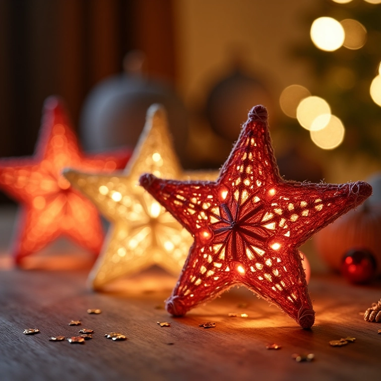 Estrelas de Natal de amigurumi com palitos de picolé.