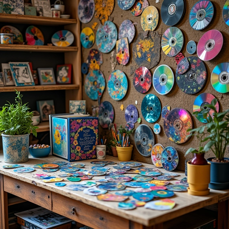 Estúdio de arte cheio de projetos com CDs reciclados, inspiração.