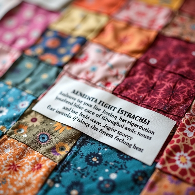 Etiqueta com instruções de cuidado em uma colcha 'jelly roll' finalizada.