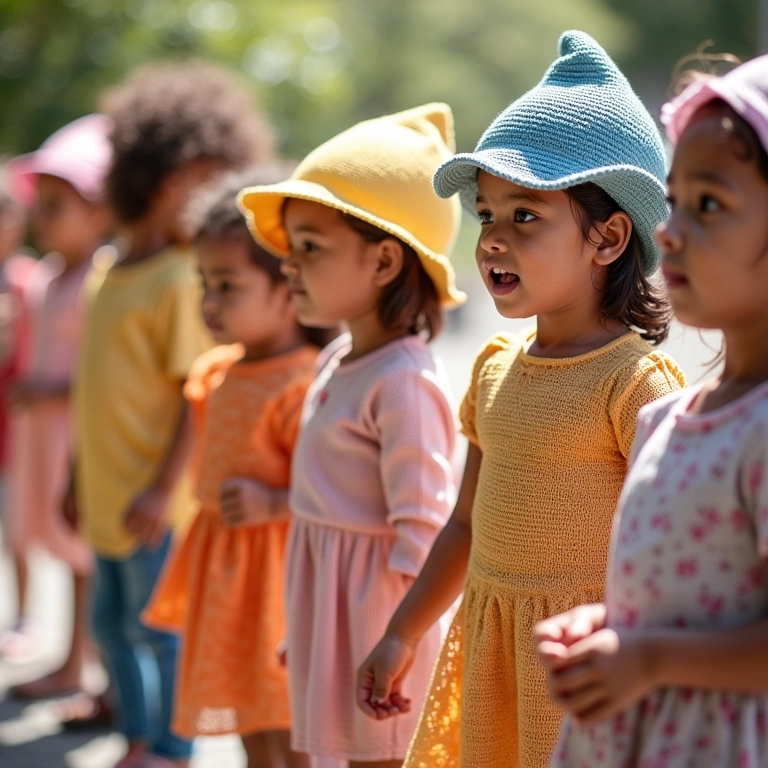 Fantasias de crochê da Galinha Pintadinha (apenas mãos visíveis).