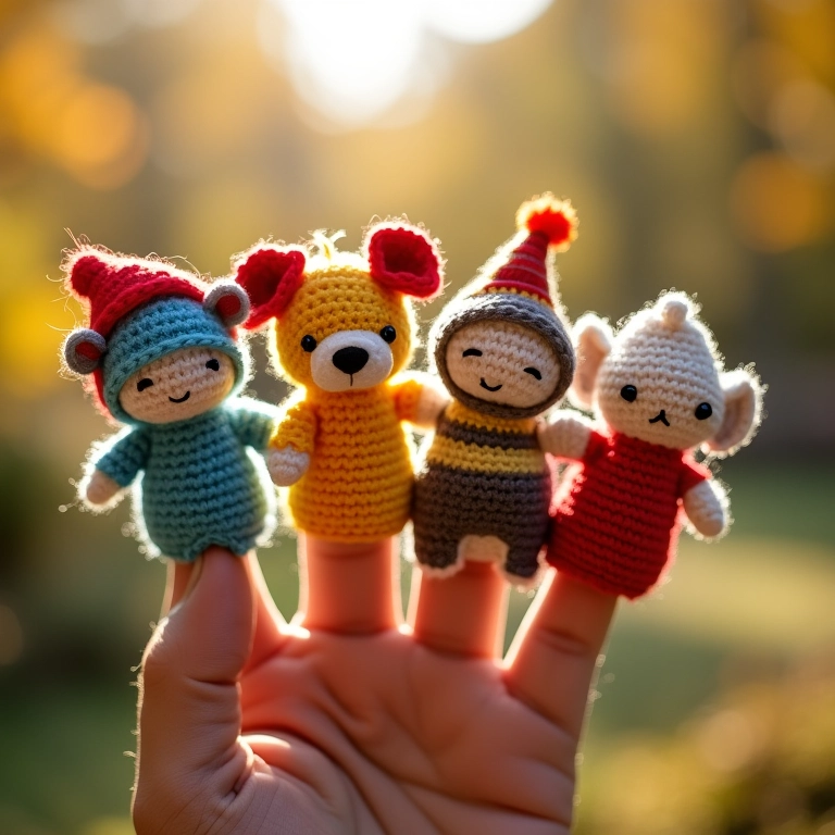 Fantoche de dedo de personagens do circo em amigurumi.