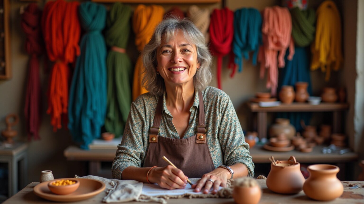 O que é Artesanato: Descubra a Beleza e o Valor do Feito à Mão Artesã brasileira sorrindo em sua oficina colorida, cercada por artesanato.