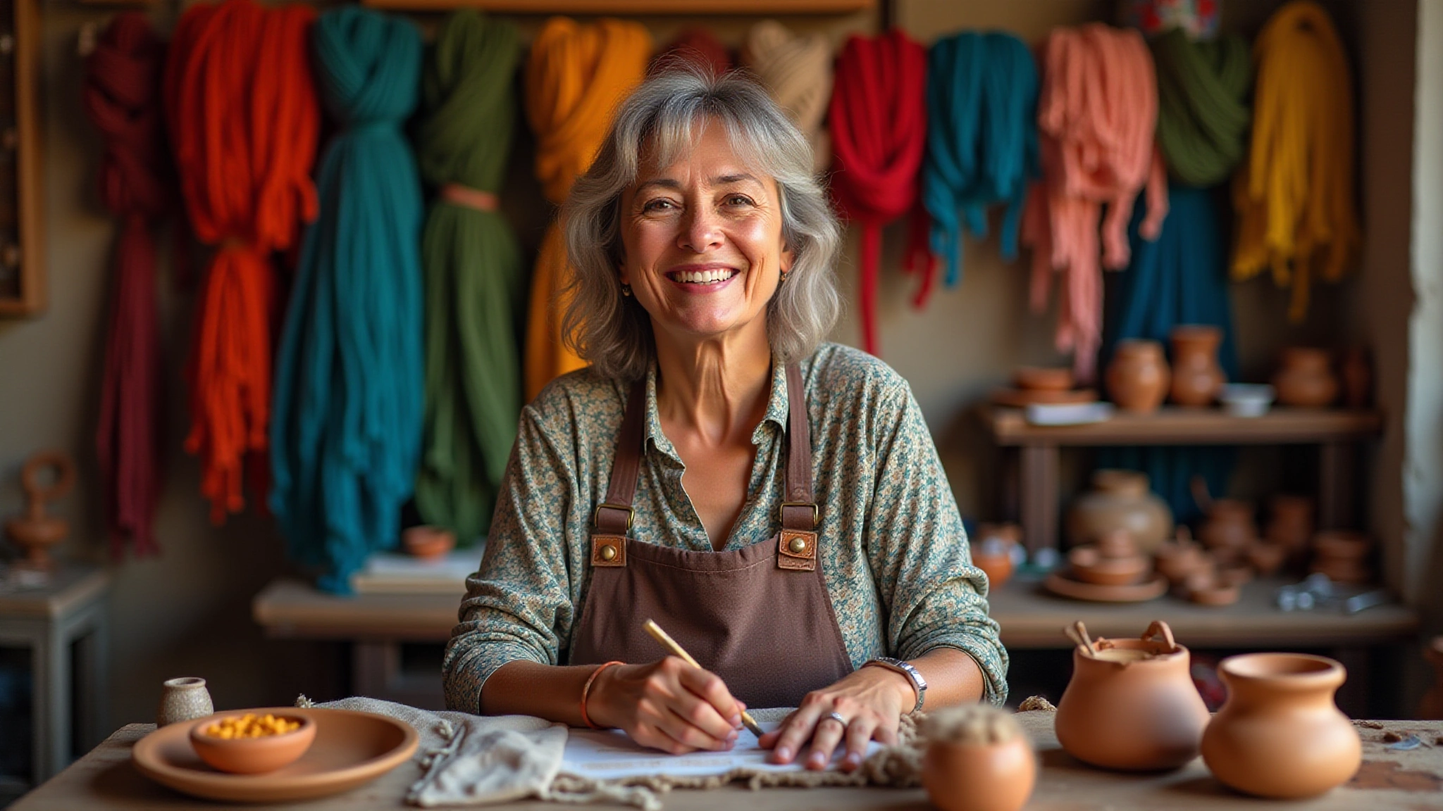 Artesã brasileira sorrindo em sua oficina colorida, cercada por artesanato.