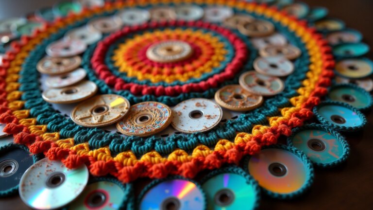 Mandala vibrante feita com CD reciclado e detalhes em crochê.