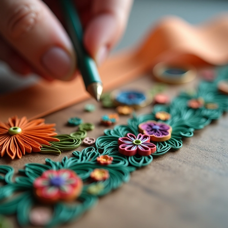 Ferramenta de quilling em close-up, enrolando uma tira de papel.