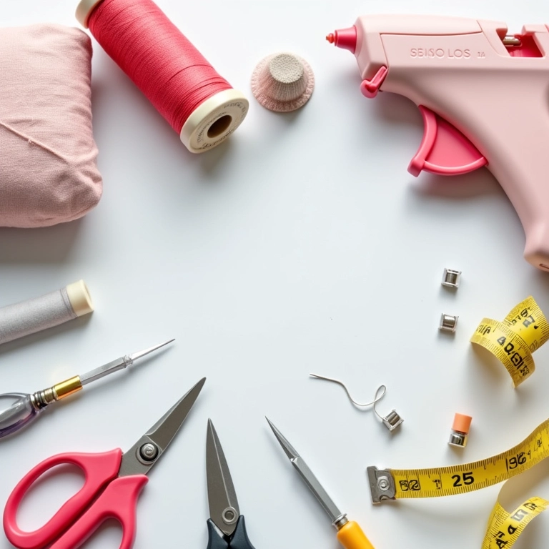 Ferramentas básicas para artesanato: tesoura, agulhas, linha, pistola de cola e fita métrica.