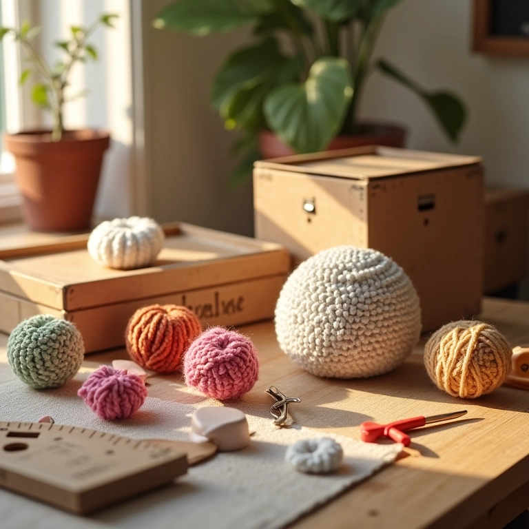 Ferramentas de crochê e caixas de MDF, um lembrete do artesanato.