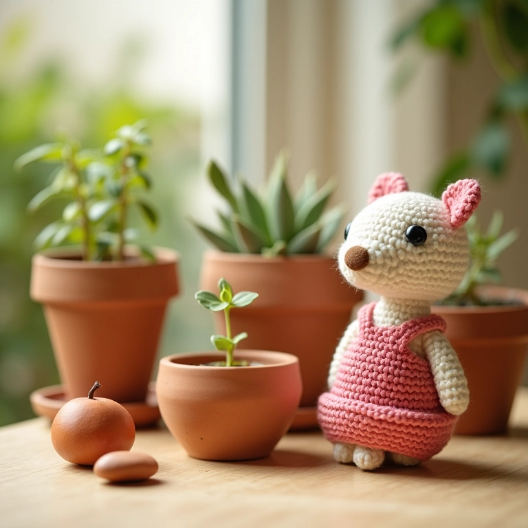 Figuras de amigurumi ao lado de vasos de argila.