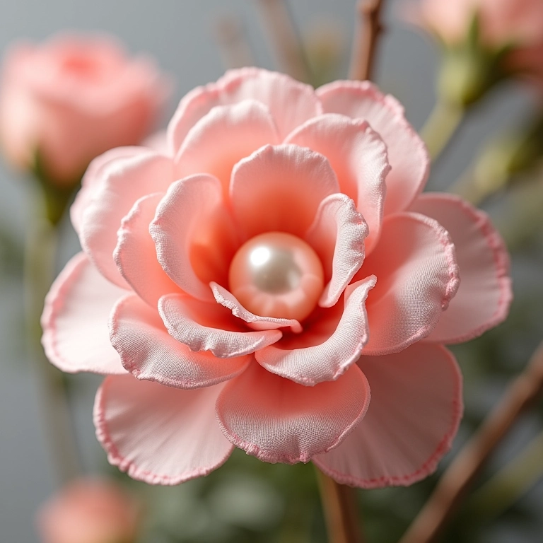 Flor de crochê com fita de cetim e pérola no miolo.