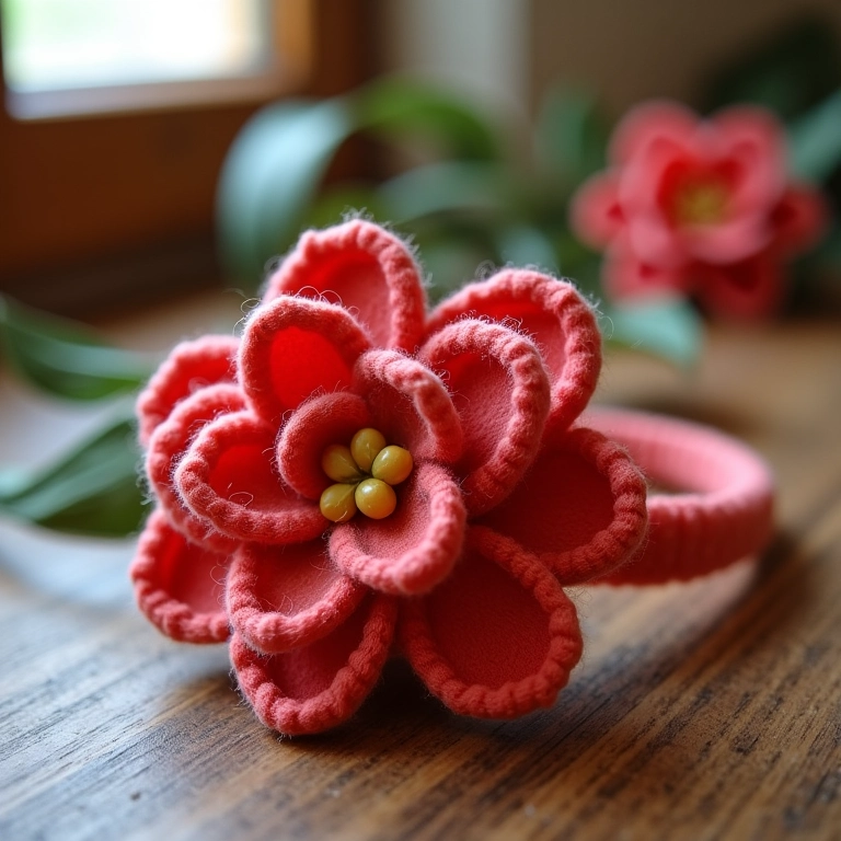 Flor de crochê com pétalas arredondadas em tiara.