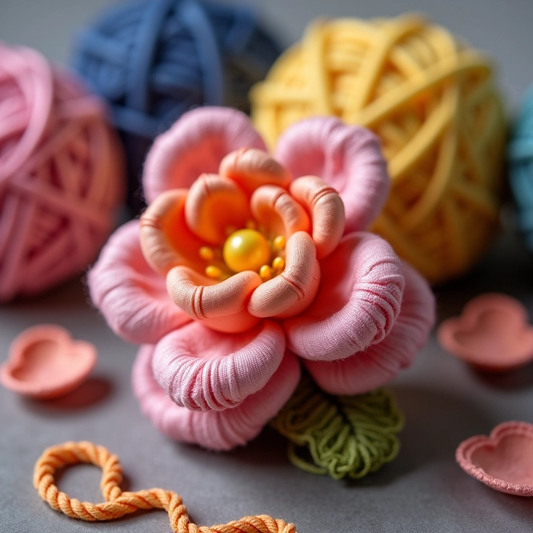 Flor de crochê feita com fita de cetim sobre agulha de crochê.