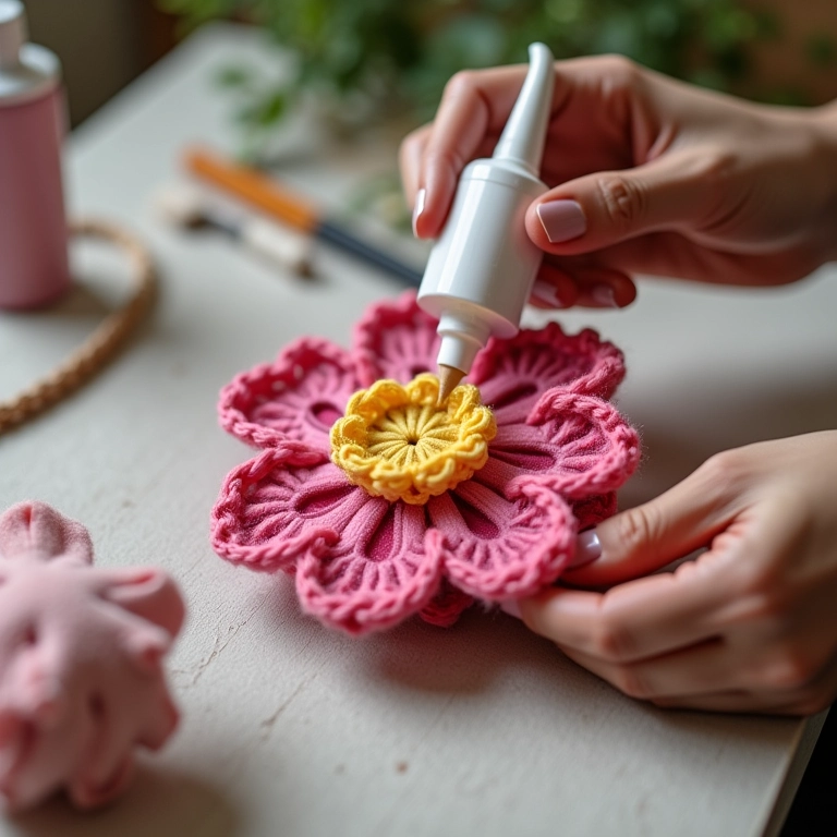 Flor de feltro sendo endurecida para maior firmeza.