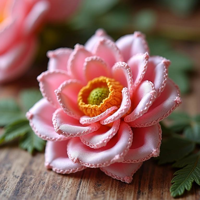 Flor de fita de cetim com bordado de crochê.