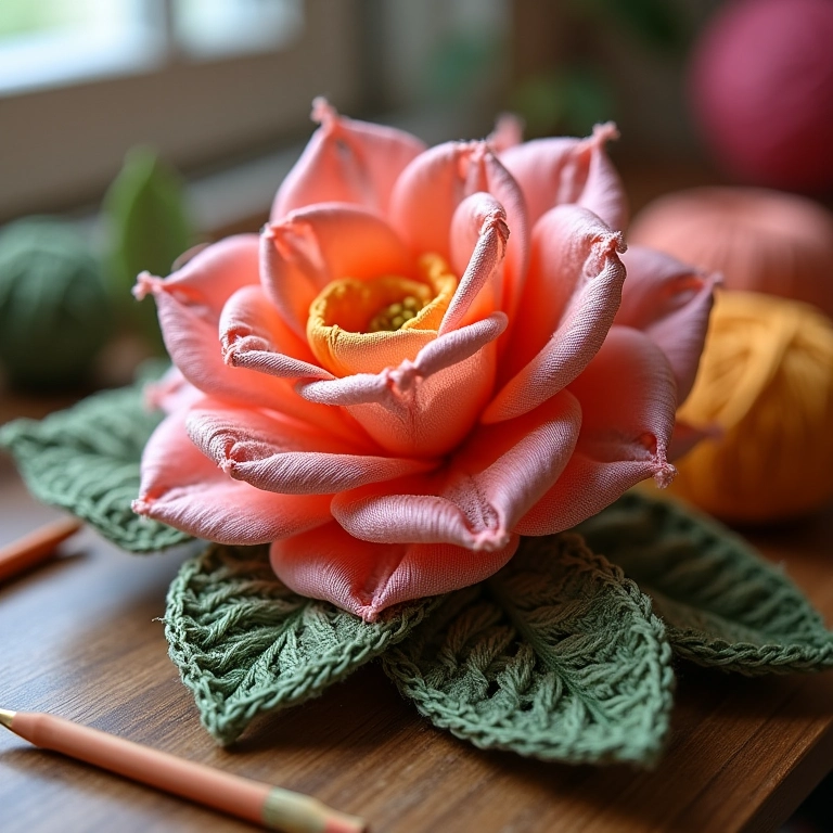Flor de fita de cetim com folhas de crochê.