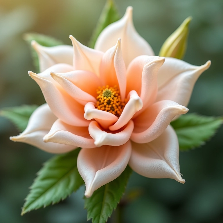 Flor de fita de cetim com folhas verdes delicadas, um charme natural.