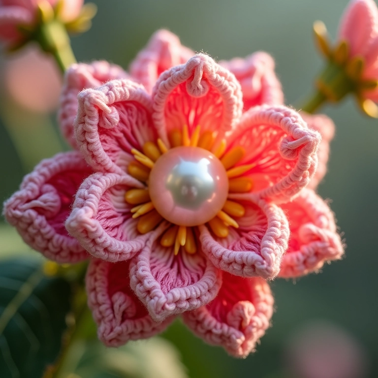 Flor de fita de cetim em amigurumi com miolo de pérola.