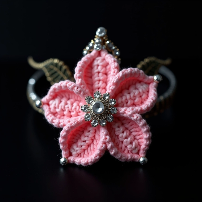 Flor de fita de cetim em amigurumi com strass para tiara de luxo.