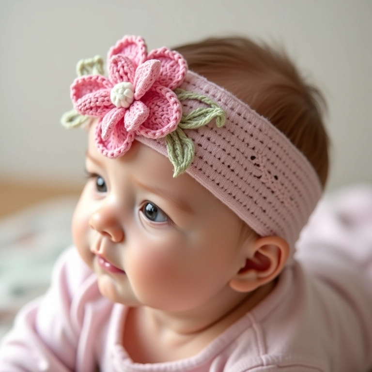 Flor de fita de cetim em amigurumi fixada em tiara.