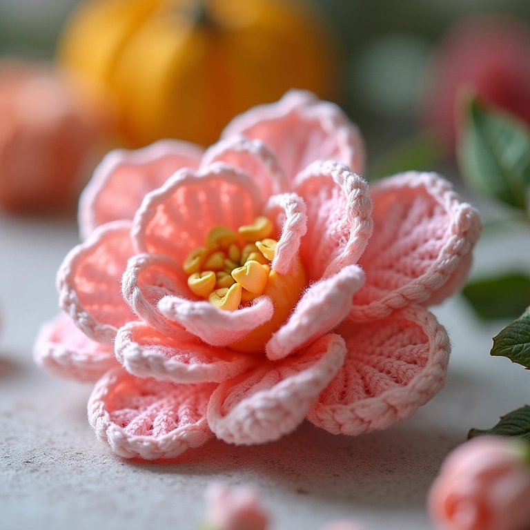 Flor de fita de cetim em amigurumi montada, cores pastel.