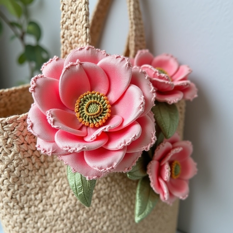 Flor de fita de cetim para decoração de bolsas de crochê.