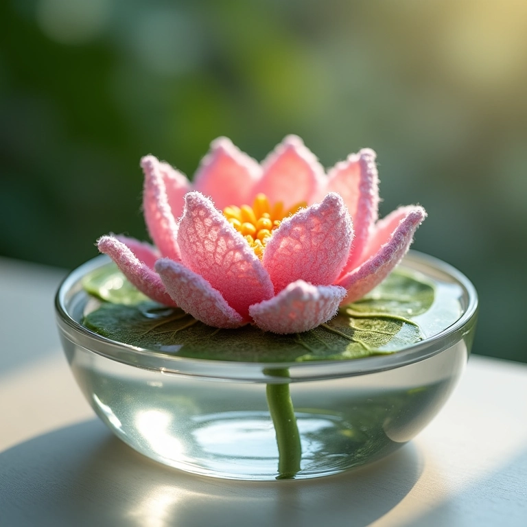 Flor de lótus de crochê flutuando em tigela de vidro com água.