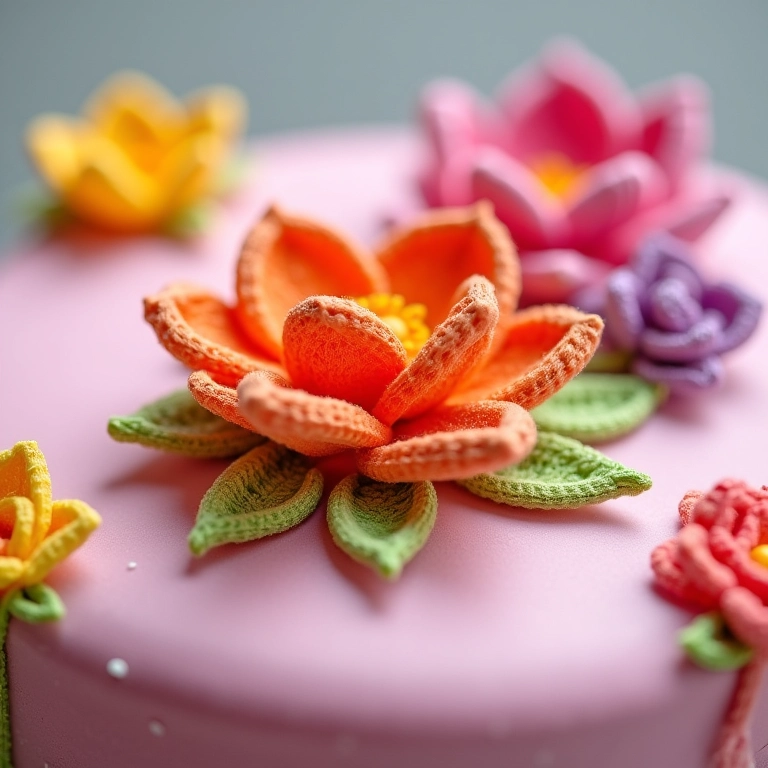Flores comestíveis de crochê decorando um bolo.