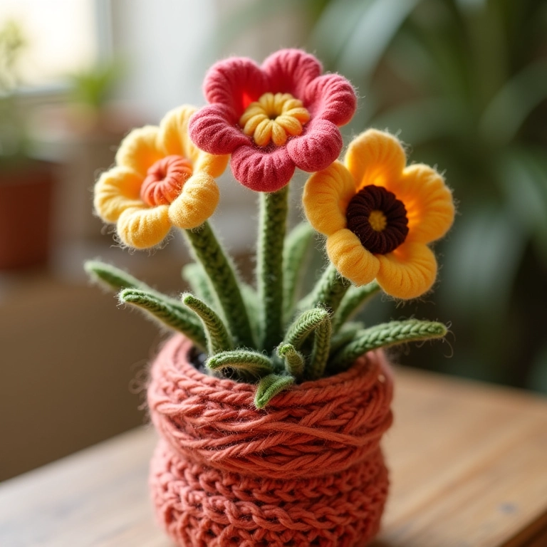 Flores de amigurumi crescendo em um vaso feito de CD de crochê.