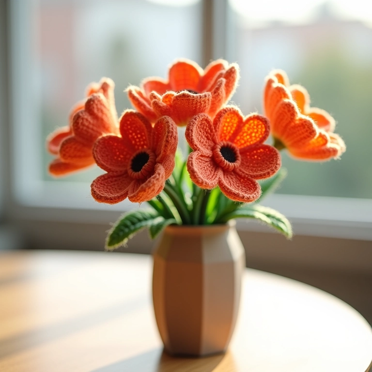 Flores de amigurumi feitas com rolos de papel toalha em um vaso.