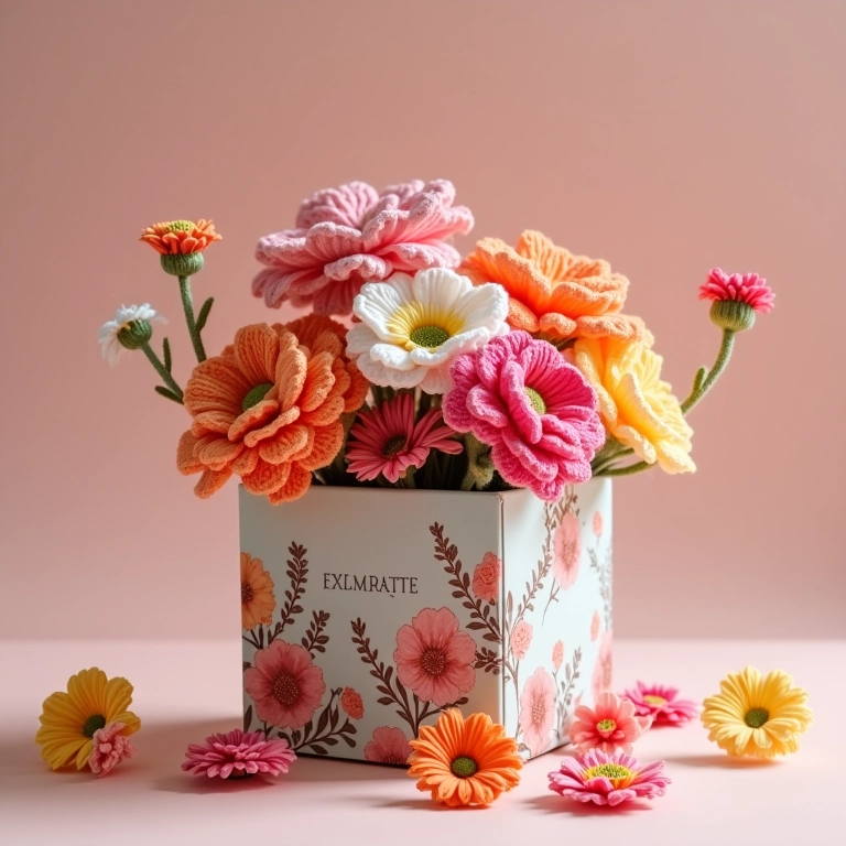 Flores de amigurumi saindo de caixa decorada com decoupage.
