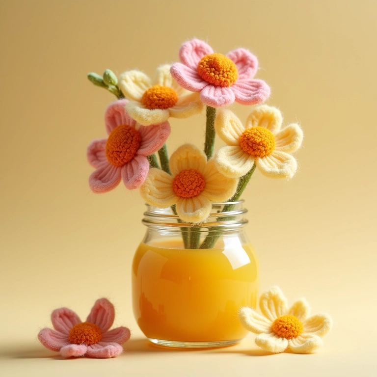 Flores de amigurumi saindo de um pote de papinha reciclado.